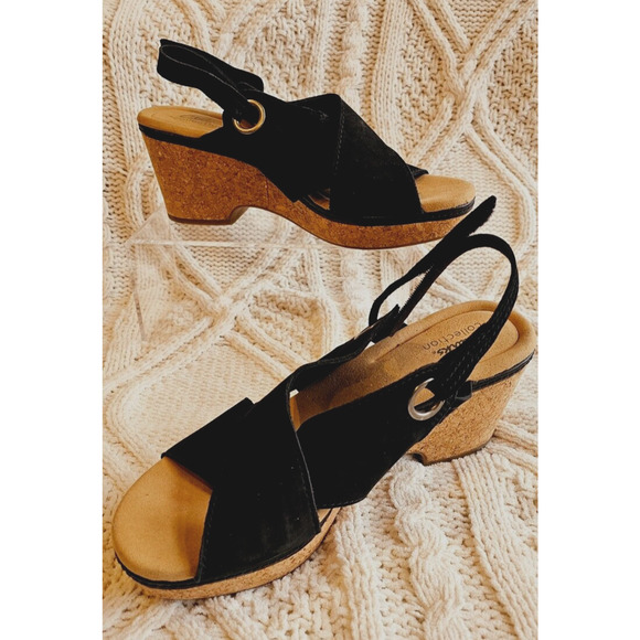 CLARKS Giselle Slingback Black Suede Wedge Sandals Women's 11M Adjustable Summer - Picture 1 of 6